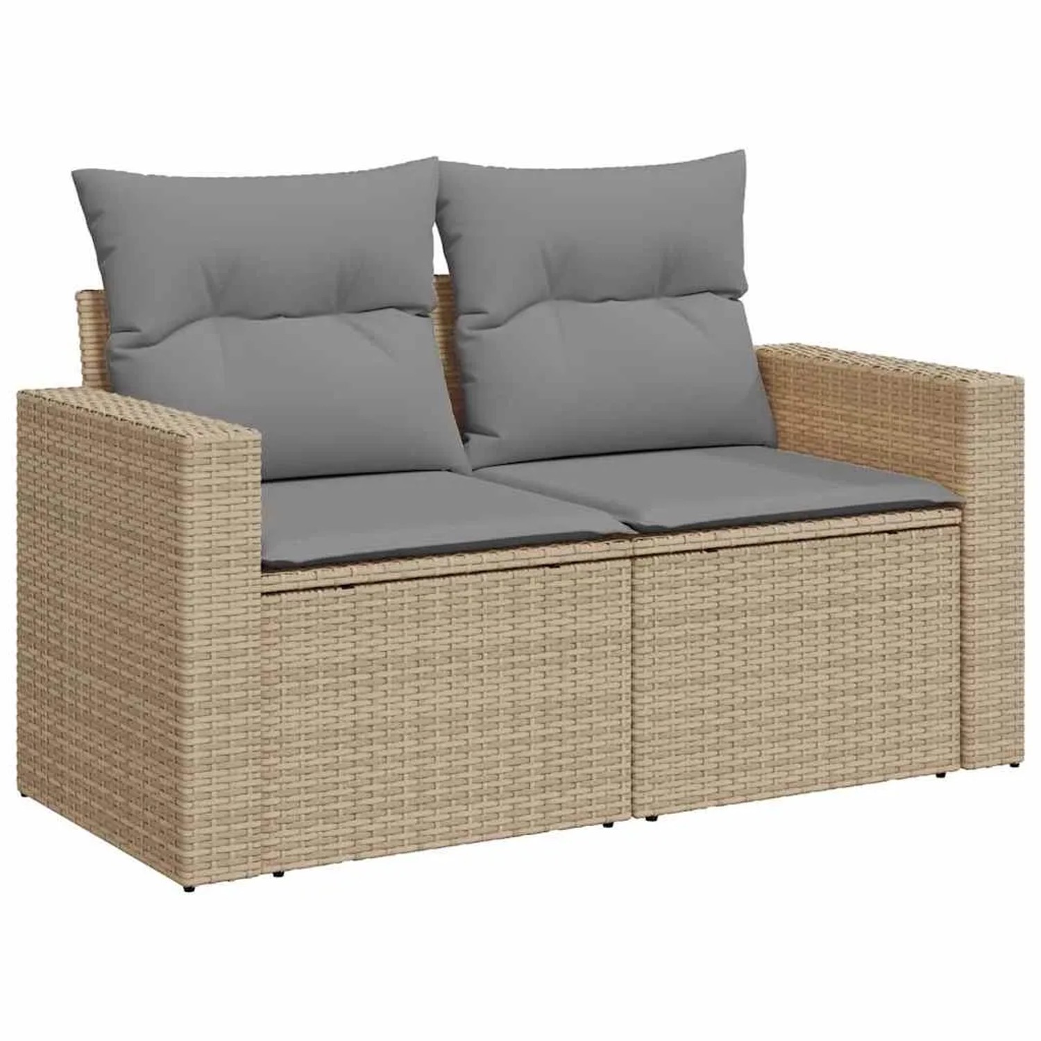 Beige vidaXL Garten-Sofagarnitur aus Rattan mit grauen Kissen für 2 Personen.