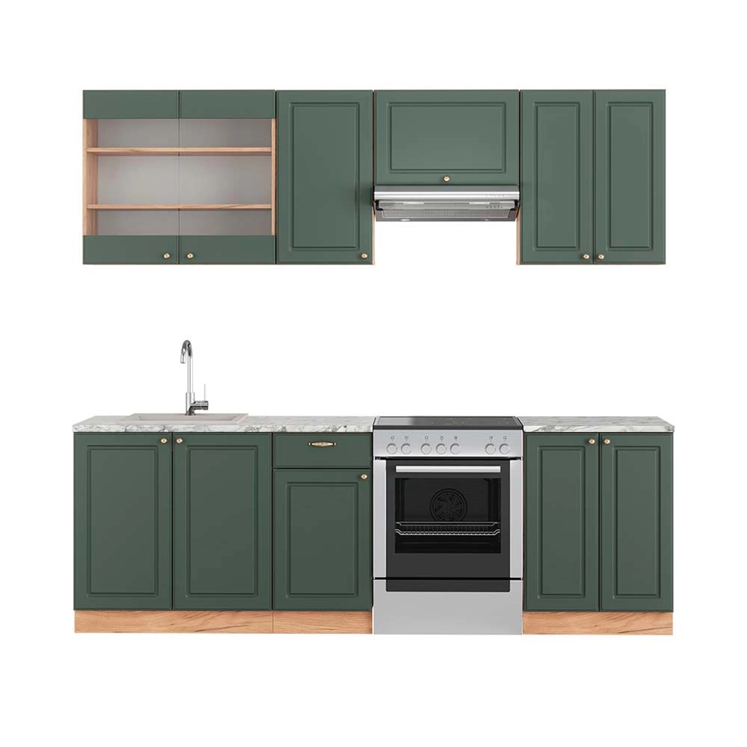 Vicco Fame-Line Küchenschränke Grün-Gold Landhaus/Goldkraft Eiche 240 cm AP günstig online kaufen