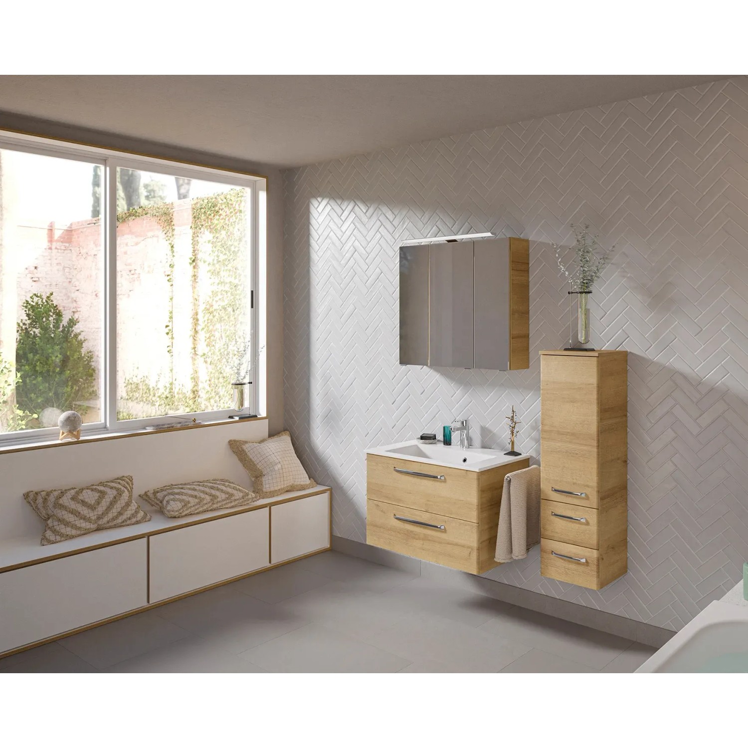 Pelipal Bad-Hängeschrank Trentino Riviera Eiche, 30 cm breit, mit zwei Schubladen und Softclose.