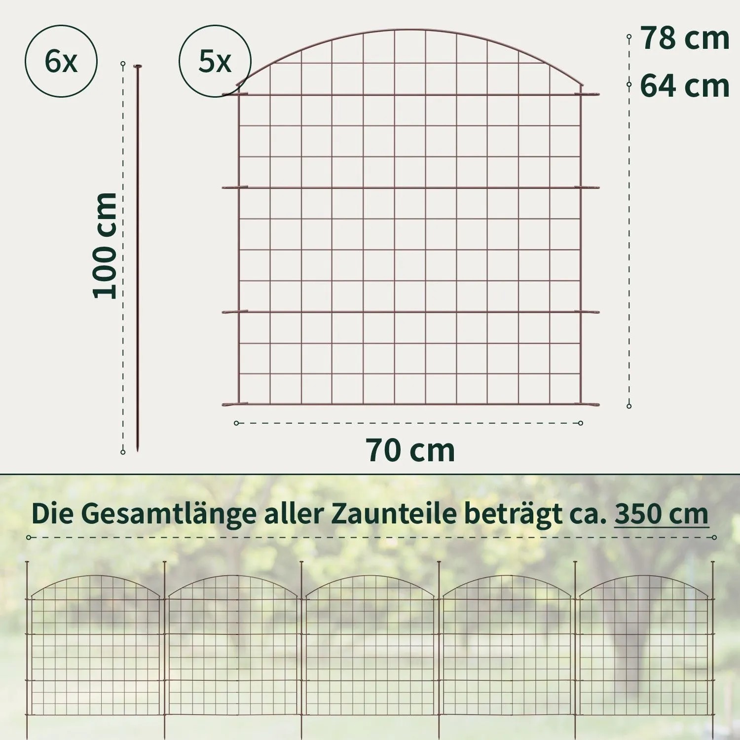 VERDOBA Teichzaun Gartenzaun Hundezaun Metall Gitterzaun aus Zaunelementen 5x Oberbogen Braun_3