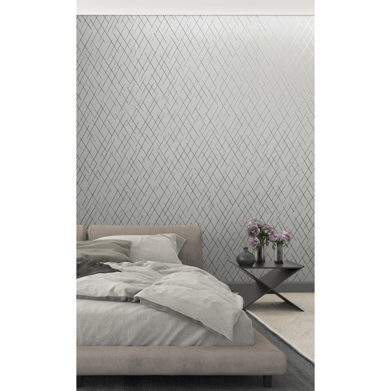 Moderne Vliestapete in Grau-Silber mit grafischem Rautenmuster von Marburg, passend für Wohn- und Schlafzimmer.