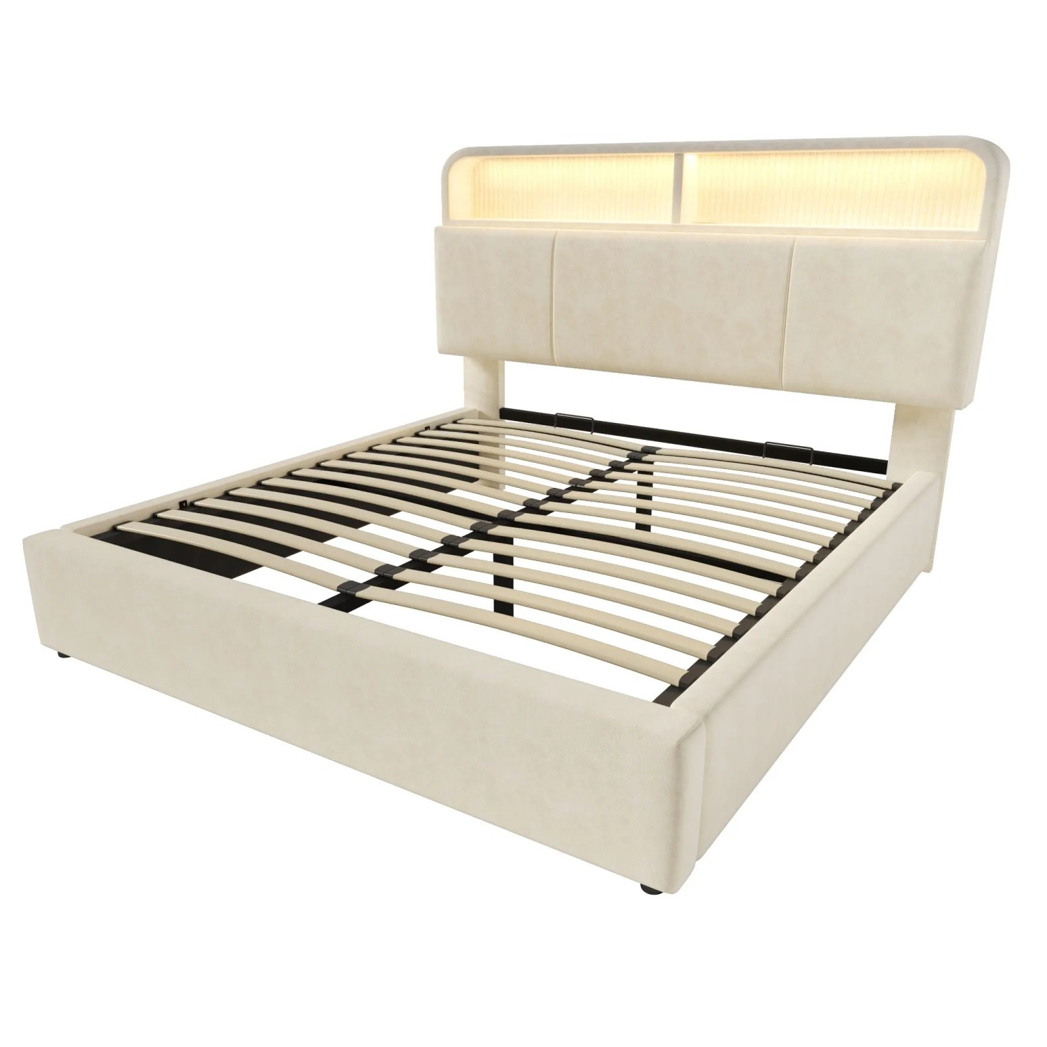 Okwish Polsterbett 140x200cm Mit Verstellbarem Kopfteil Kinderzimmer Beige Ohne Matratze
