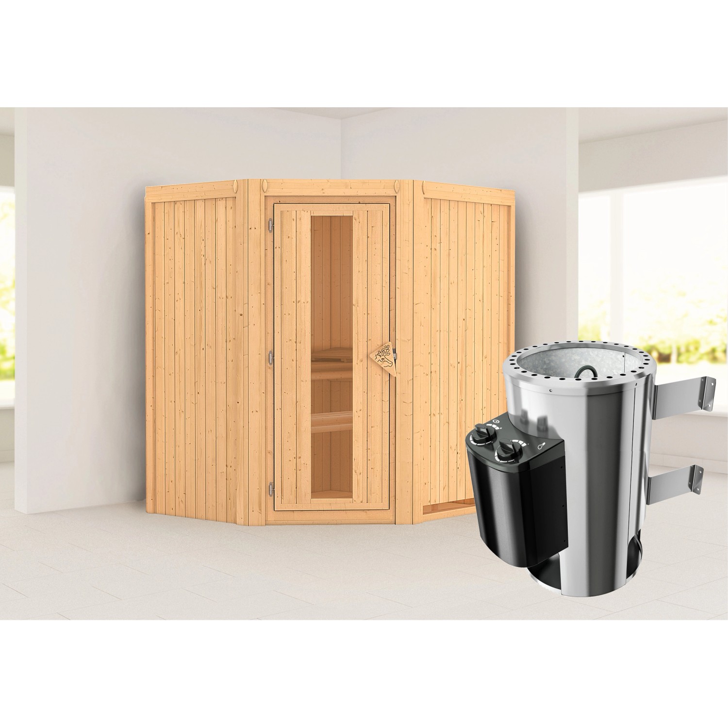 Karibu Sauna Thora mit Ofen integrierte Stg.Natur