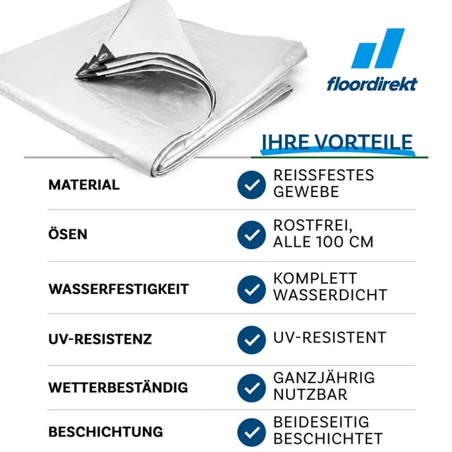 Weiße Karat Abdeckplane 6x8m, wasserdicht, mit Ösen. Schutzplane für Garten, Camping und mehr.