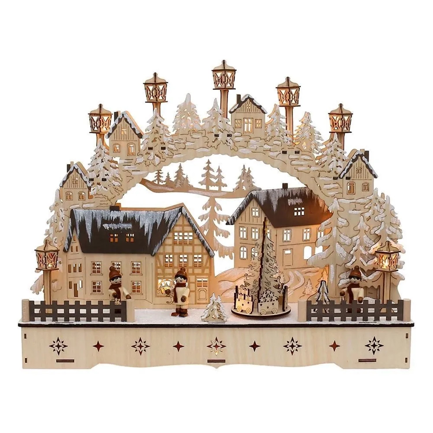 Dekohelden24 LED Holz Schwibbogen mit Bewegtem Weihnachtsbaum Inklusive Netzteil und Batteriebetrieb Möglich mit Laternenkinder L/B/H 45 x 12 x 35 cm