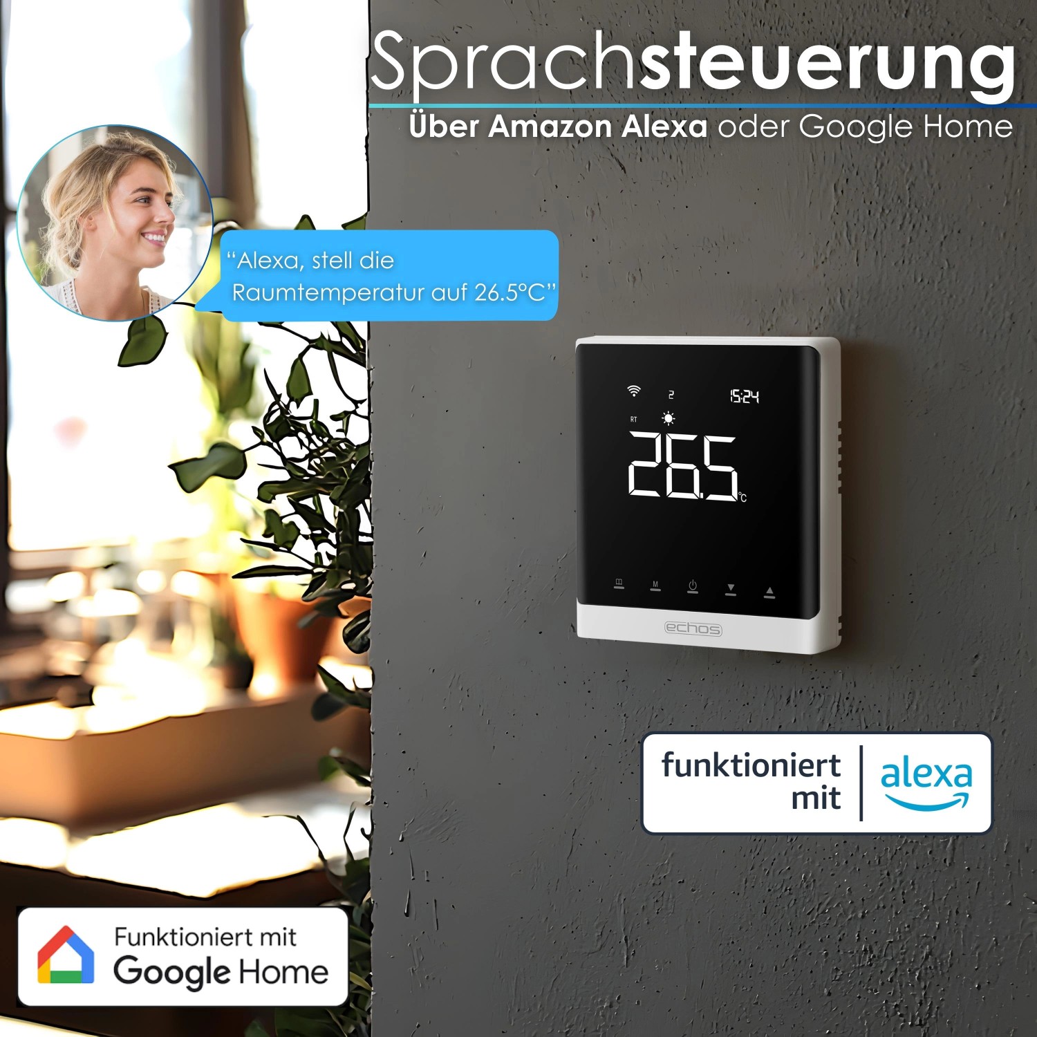 Echos Eco-4180 WLAN-Thermostat zur Steuerung der Fußbodenheizung per App oder Sprachsteuerung.