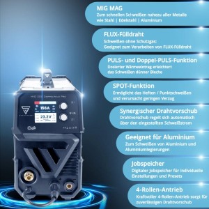 STAHLWERK MIG MAG 200 Doppelpuls Pro Schweißgerät, 200A, für MIG/MAG & Aluminium. Kompaktes Schutzgasschweißgerät mit Display.
