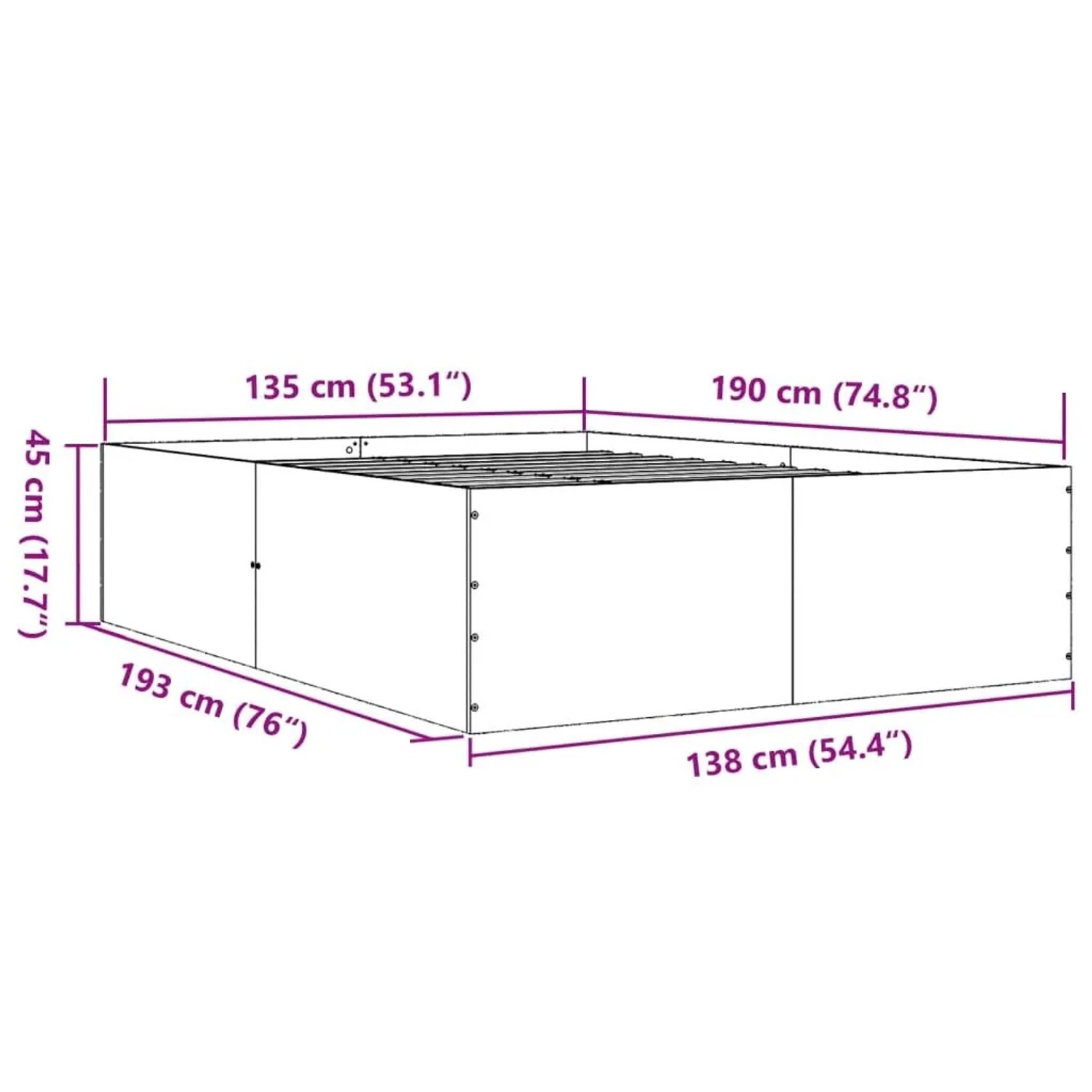 vidaXL Bettgestell Sonoma-Eiche 135x190 cm aus Holzwerkstoff. Schematische Ansicht mit Maßen des Bettes.