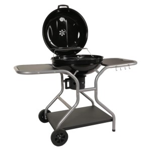 Schwarzer MCW Grillwagen N16 Holzkohlegrill mit Ablageflächen und Thermometer.