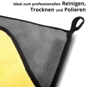 Doppelseitiges Mikrofaser-Handtuch in Gelb und Grau mit weicher Textur und Aufhängeschlaufe. Ideal zum Reinigen, Trocknen, Polieren.