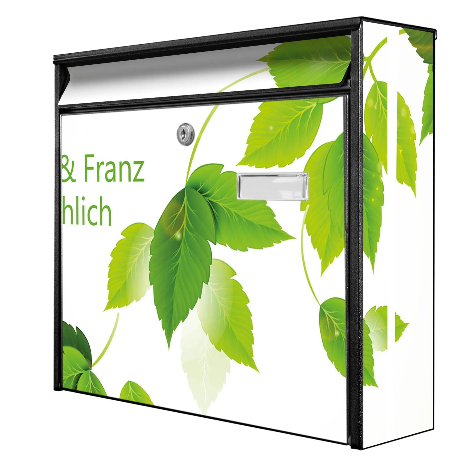 Banjado Briefkasten Schwarz 36.2x32.2x10cm Groß / Inkl. Montagematerial & 2 Schlüsseln / Mit Namensschild Motiv Wt Blätterranke