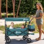 Sekey Bollerwagen mit Dach, blaugrün, mit zwei Kindern und einer Frau im Park.