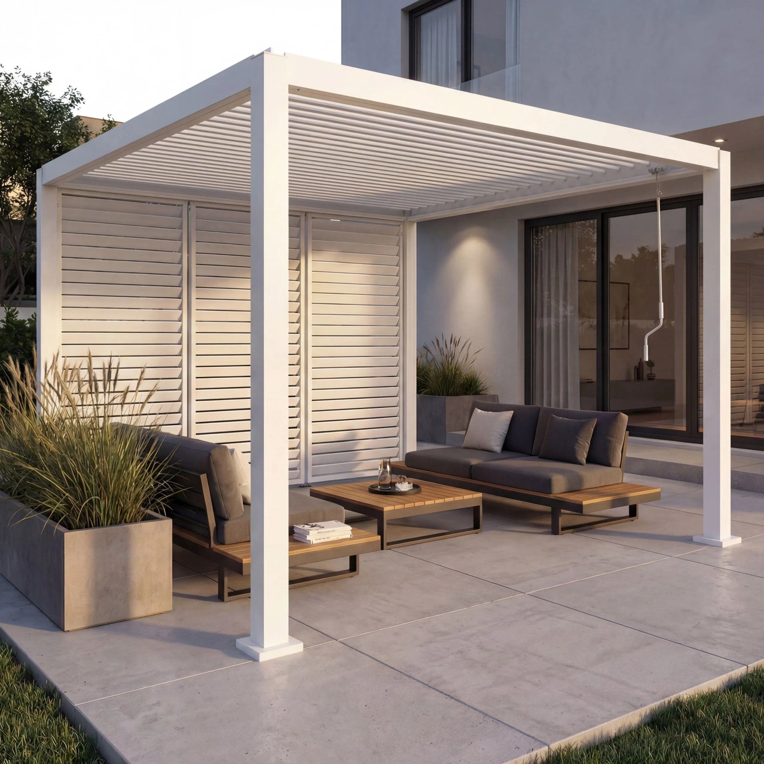 MCW Pergola P65 mit 3x Lamellenwand 10cm-Alu-Gestell 3x3m Weiß