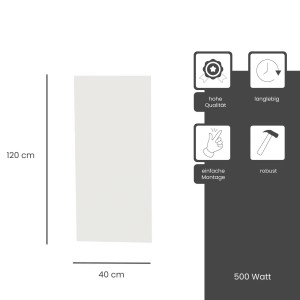 Weiße Fenix Infrarotheizung ECOSUN Glasheizung (120x40cm, 500W) mit Maßangaben und Icons.