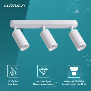 LUXULA LED Aufbauspot 3-Flammig GU10 Schwenkbar Deckenstrahler Deckenspot Akzentbeleuchtung Deckenlampe Aluminium Weiß