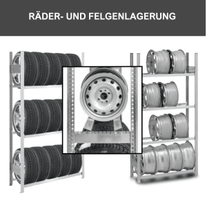 PROREGAL Reifenregal Tire Pro: Verzinktes Stahlregal mit Reifen und Felgen auf 4 Ebenen.