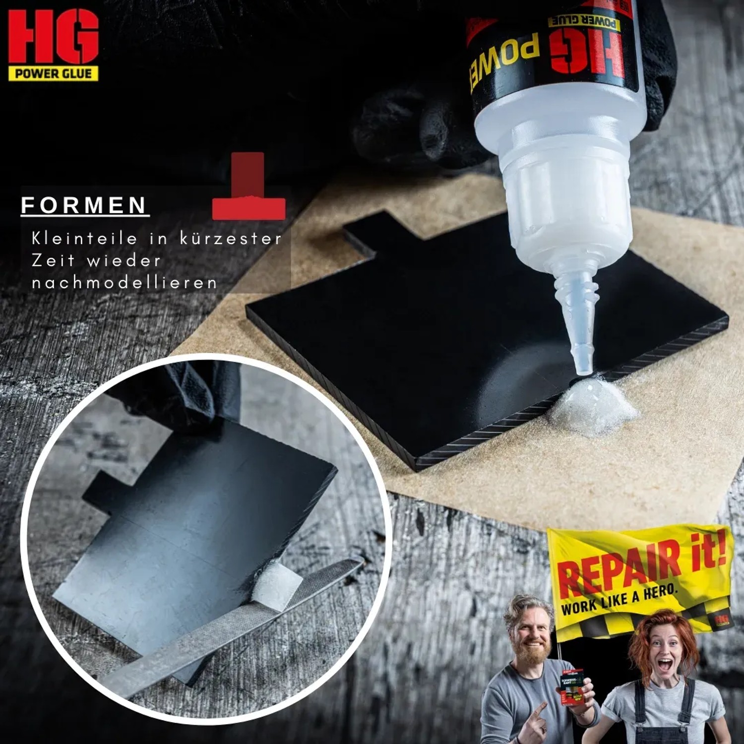 HG Power Glue Kleber beim Formen von Kleinteilen. Reparaturkleber-Set mit Granulat für Kunststoff, Glas, Holz uvm.