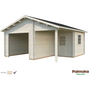 Palmako Holzgarage Roger, naturbelassen, mit offenem Stellplatz, Tür und Fenster. Ideal als Fertiggarage oder Werkstatt.