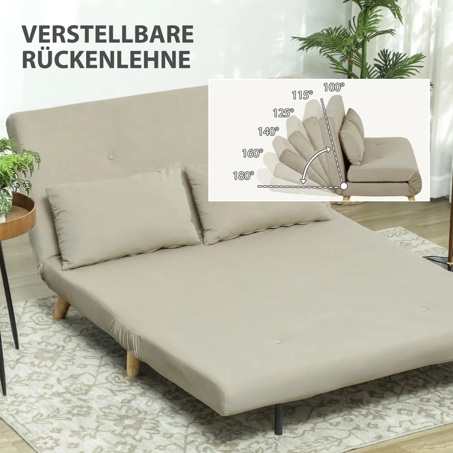 Beiges HOMCOM 3-in-1 Schlafsofa mit verstellbarer Rückenlehne und Kissen, als Sofa oder Bett nutzbar.