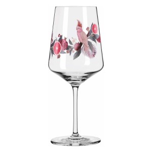 Klares Ritzenhoff Aperitifglas aus Kristallglas mit pinkem Kakadu, Blättern und exotischen Früchten. Design Ramona Richter.