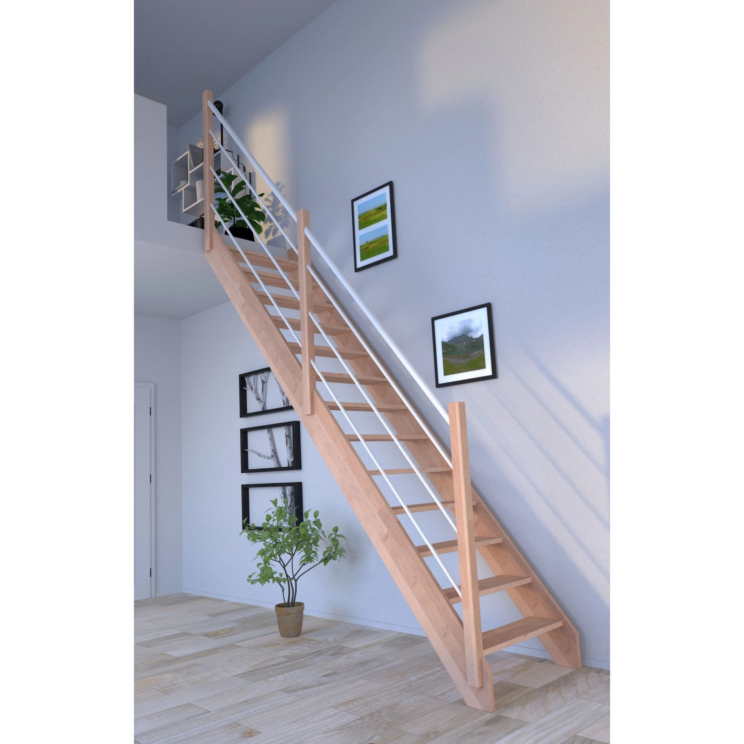 Helle, gerade StarWood Treppe Rhodos aus Buche mit weißem Holz-Edelstahl-Geländer.