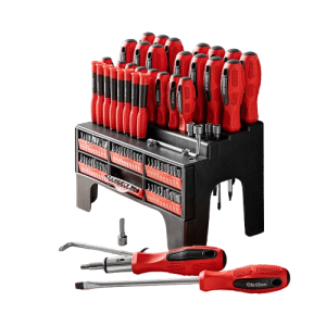 Tech-Craft Schraubendreher-Set, 100-teilig, mit roten Griffen und Bits in Werkzeug-Set Halterung.