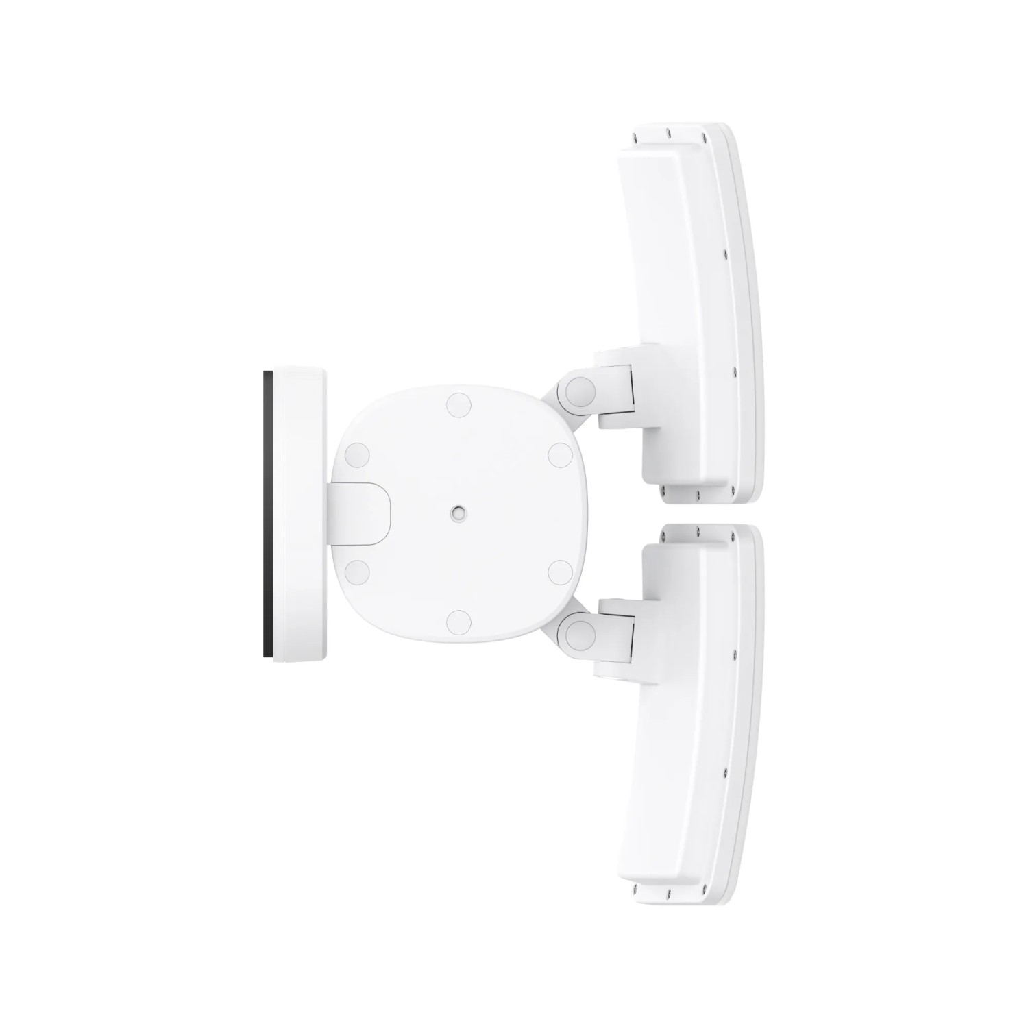 Eufy Flutlichtkamera E340, weiße Kameraüberwachung mit zwei LED-Flutlichtern, seitliche Ansicht.