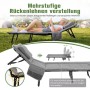 Graues Sekey Klappbett mit 6-fach verstellbarer Rückenlehne, Matratze und Kissen. Frau entspannt im Freien. Ideal für Camping.