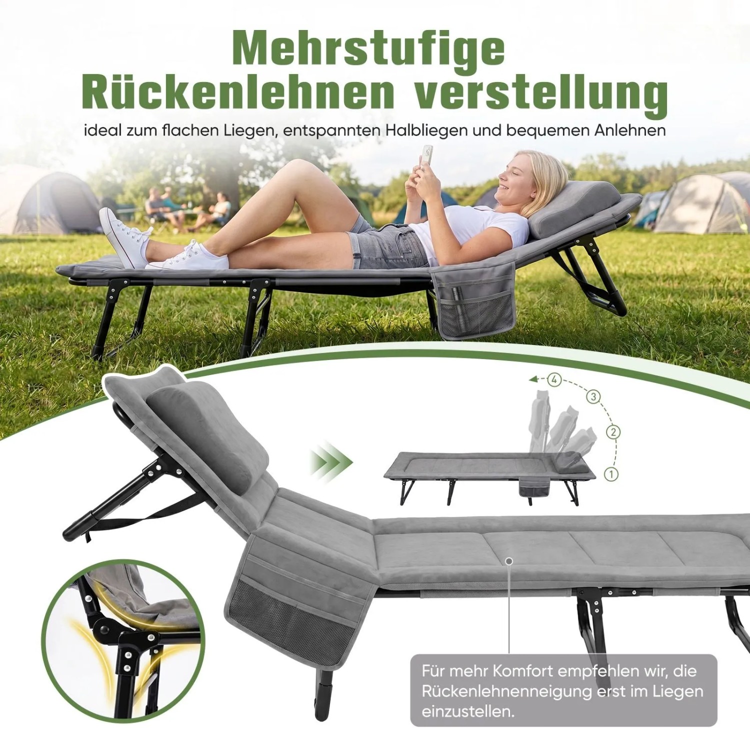 Graues Sekey Klappbett mit 6-fach verstellbarer Rückenlehne, Matratze und Kissen. Frau entspannt im Freien. Ideal für Camping.