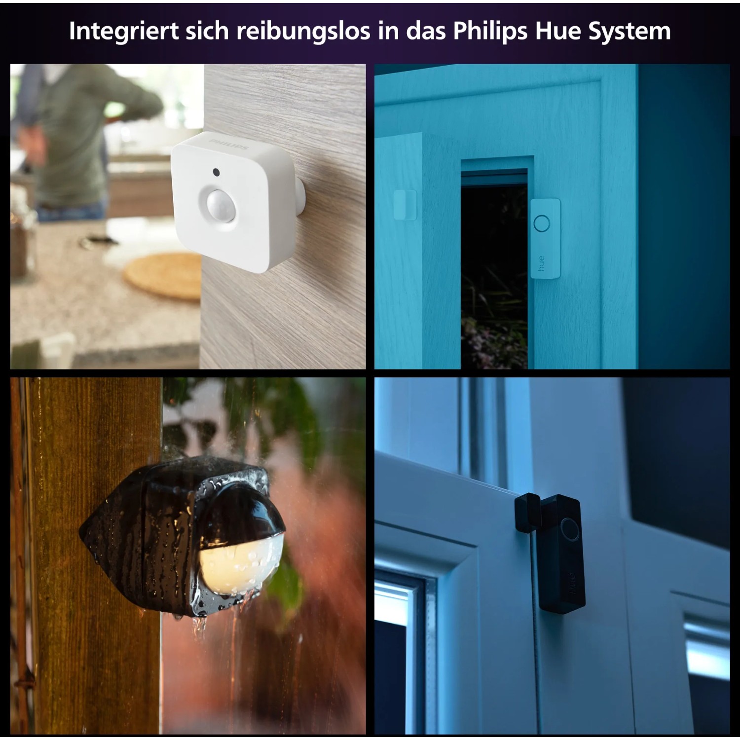Philips Hue Secure: Bewegungsmelder, Kontaktsensor und Außenleuchte im Set.