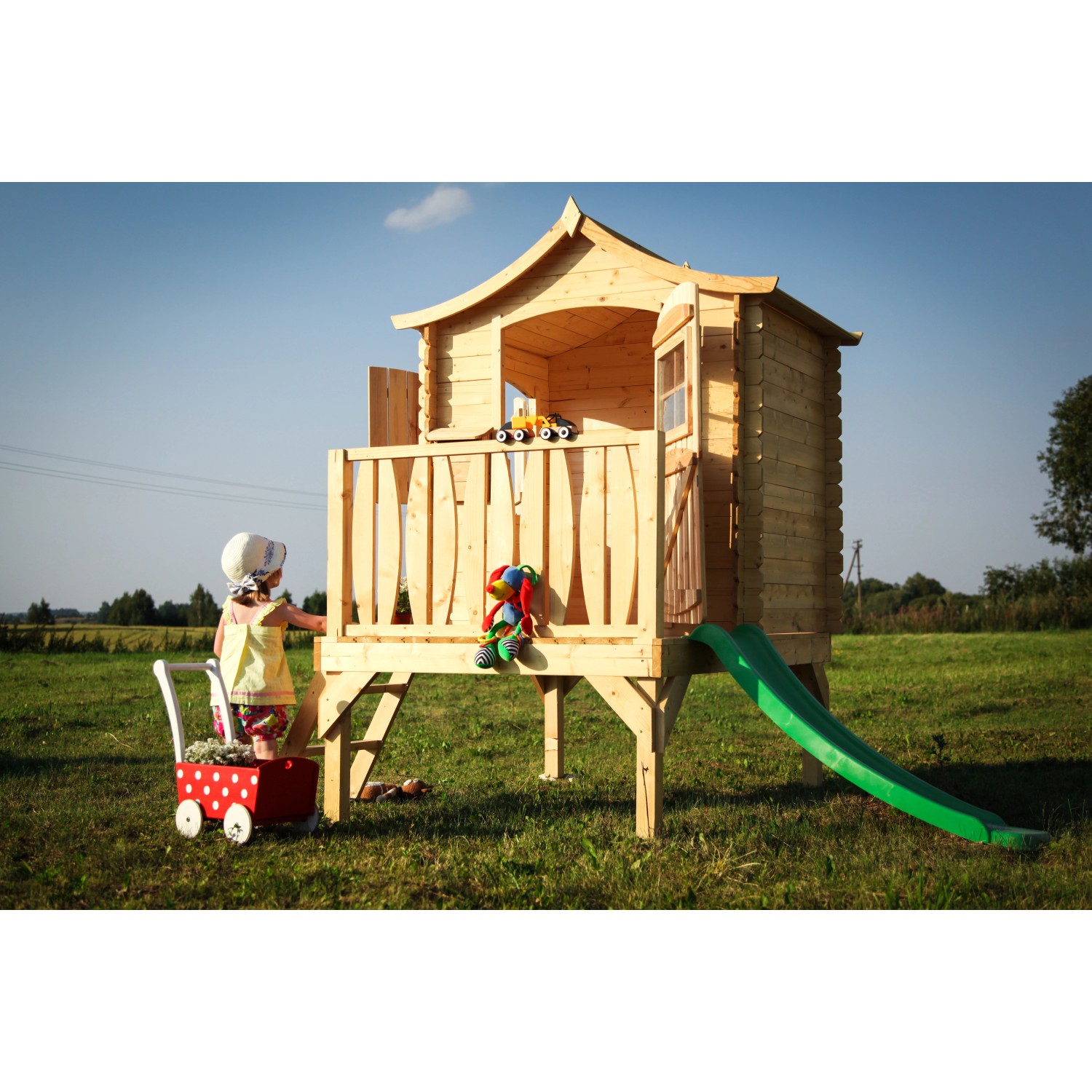 Timbela Kinderspielhaus M550A 1,1 m² auf Stelzen mit Leiter, Rutsche