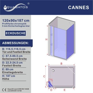 Aquabatos Duschabtrennung Höhe 187 cm Duschkabine mit Pendeltür 120 x 90 cm Dusche Glaswand Eckdusche mit Seitenwand 5 mm ESG Duschtür