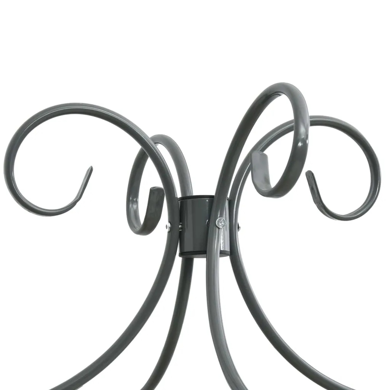 Detailansicht: Graues Metall Himmelbett-Gestell mit geschwungenen Verzierungen.