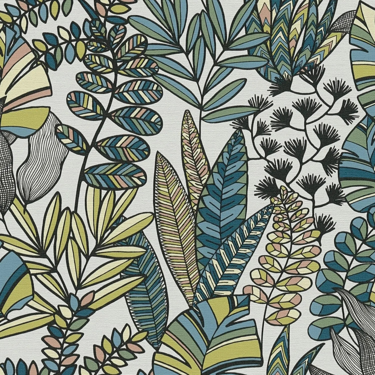PROFHOME 390951-GU Retro Tapete Floral Matt Weiß Schwarz Blau Oliv-Grün 0,53 m x 10,05 m 5,33 m2