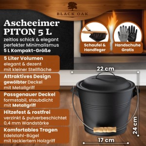 BLACK OAK Ascheeimer PITON 5L mit Deckel, Schaufel und Besen für Kamin & Grill.