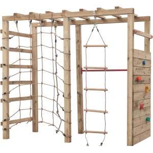 SwingKing Klettergerüst Bokito mit Kletterwand, Netz, Strickleiter und Reckstange aus Holz.