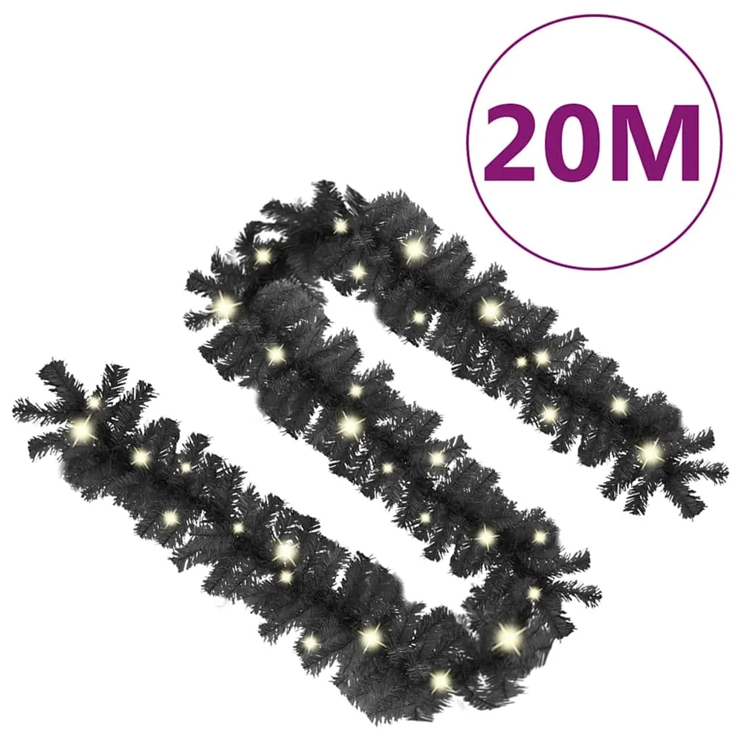 Schwarze 20m vidaXL Weihnachtsgirlande aus PVC mit warmweißen LEDs. Ideal für festliche Dekorationen.