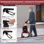 Roter faltbarer Rollator mit 3 Rädern und Bremssystem. Senior auf Rampe. Zeigt Bremsfunktionen: frei, langsam, parken für sicheren Halt.