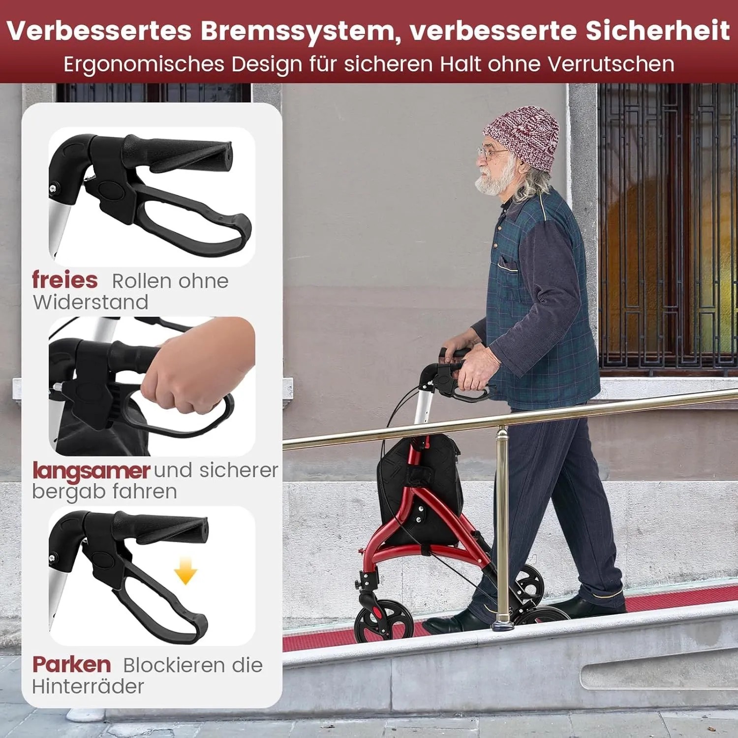 Roter faltbarer Rollator mit 3 Rädern und Bremssystem. Senior auf Rampe. Zeigt Bremsfunktionen: frei, langsam, parken für sicheren Halt.