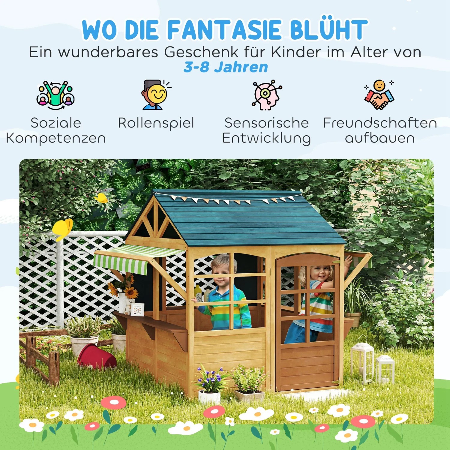 AIYAPLAY Spielhaus aus Holz mit Kindern im Garten. Faltbares Outdoor-Spielhaus mit Fenstern.