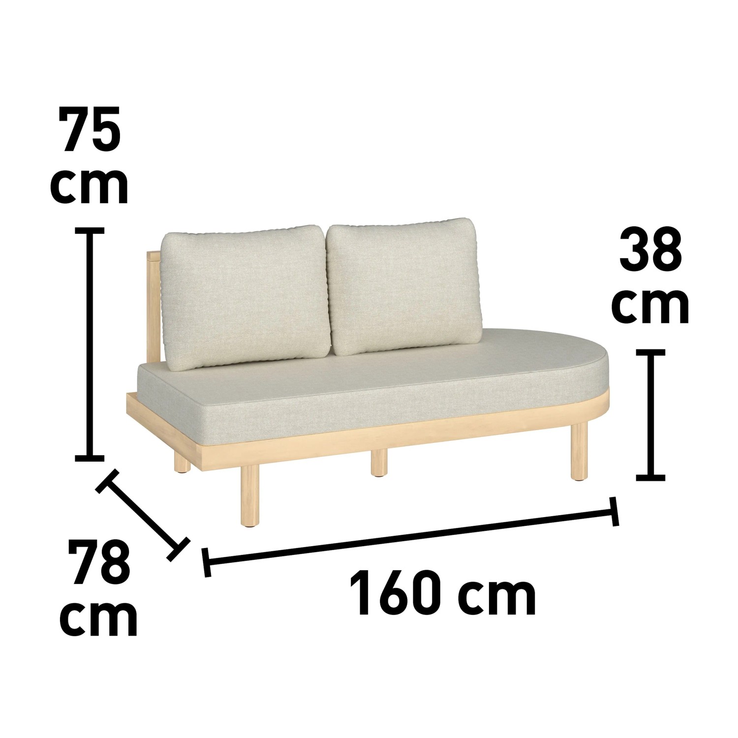 Modulare Gartenlounge Waldport, 2-Sitzer aus Akazienholz mit beigen Kissen und Maßangaben.