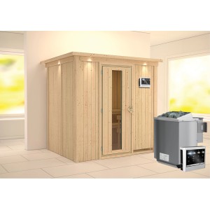 Karibu Sauna-Set Bjarne mit Bio-Ofen und Steuerung. Massivholzsauna aus Fichte mit Dachkranz.