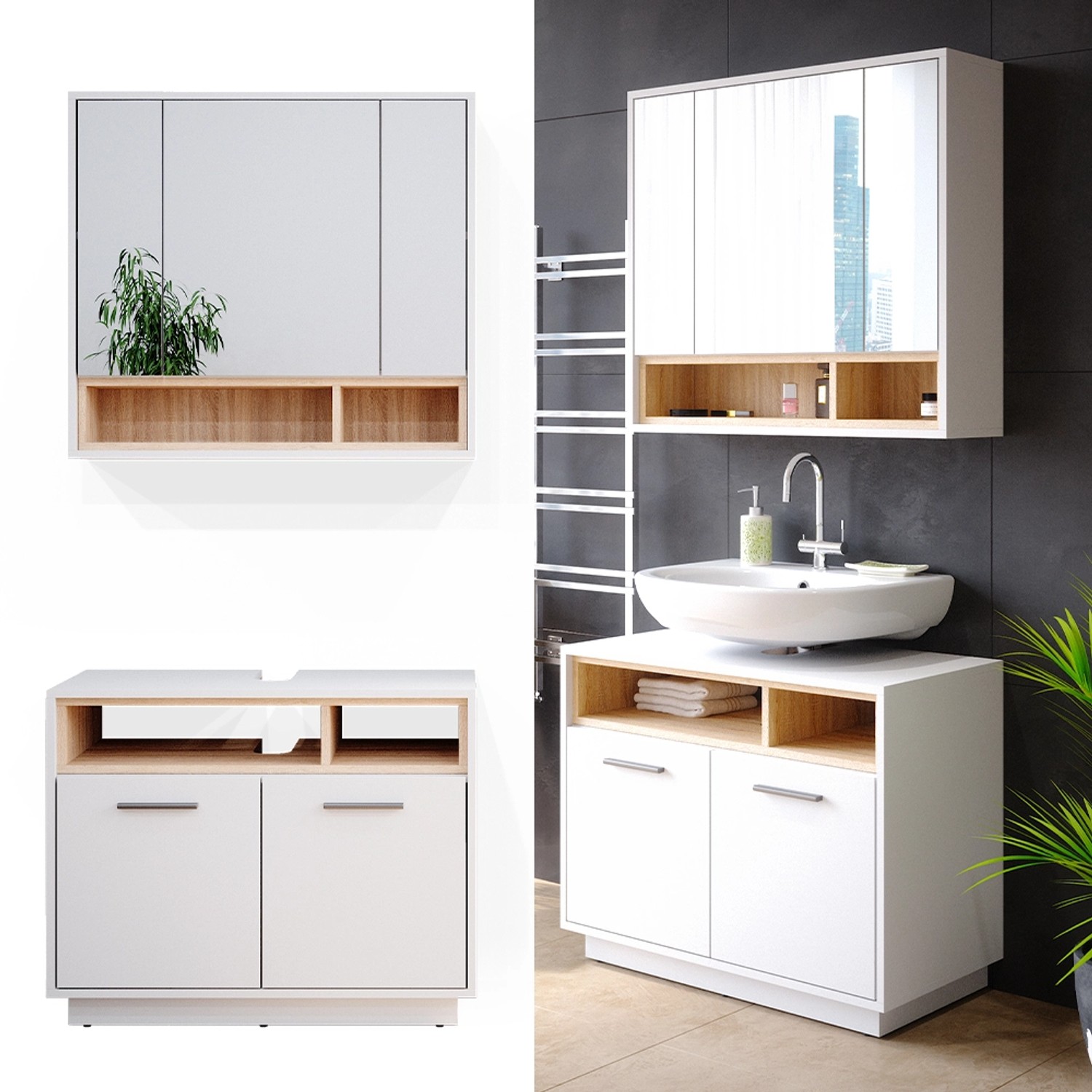 Vicco Badmöbel-Set Beatrice, 2-teilig in Weiß/Sonoma mit Spiegelschrank und Waschbeckenunterschrank.