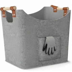 BLACK OAK Holzkorb MONTANA XL 60L Hellgrau – Filzkorb für Kaminholz & Brennholz mit Robusten Holzgriffen mit Echtleder-Applikation und Fronttasche