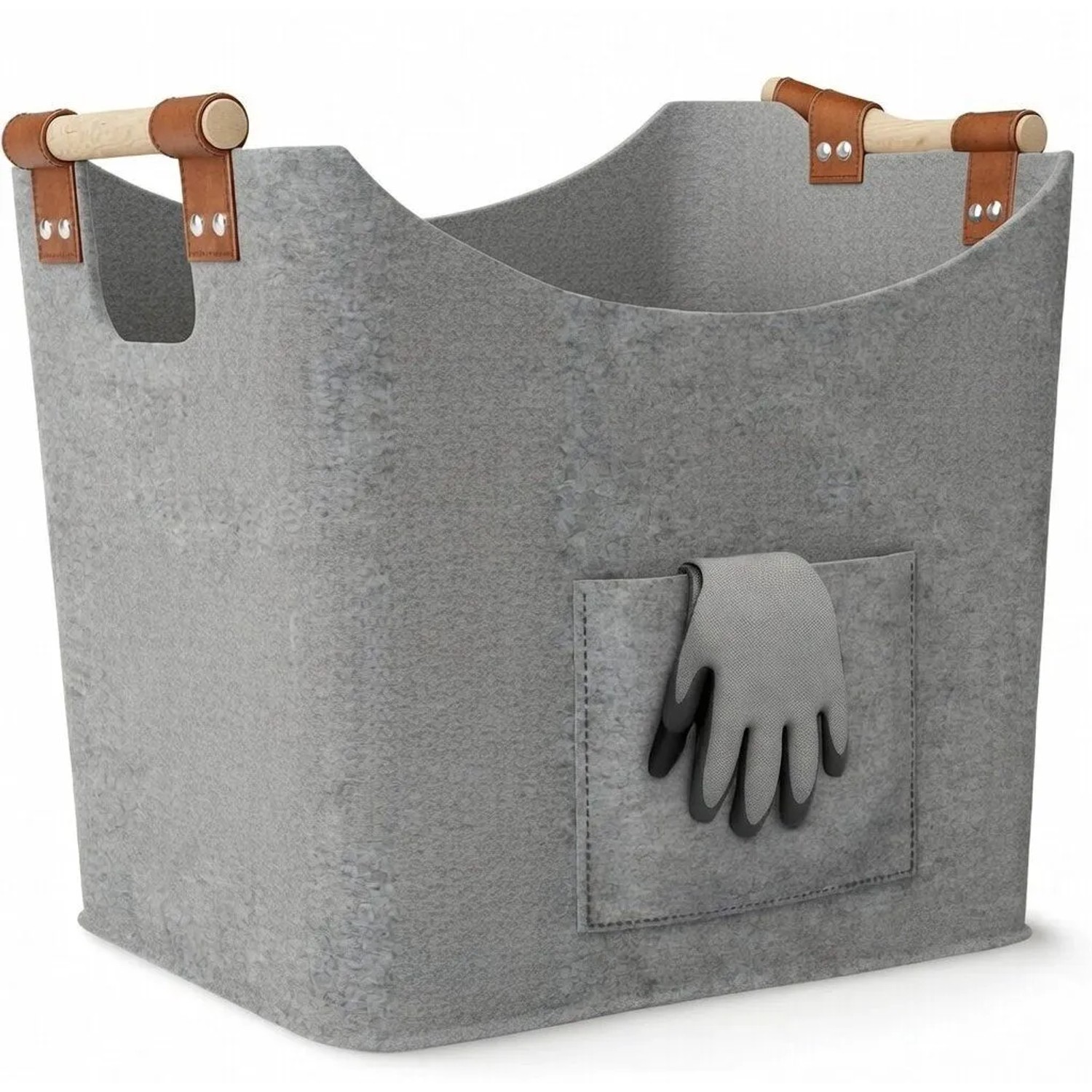 BLACK OAK Holzkorb MONTANA XL 60L Hellgrau – Filzkorb für Kaminholz & Brennholz mit Robusten Holzgriffen mit Echtleder-A...