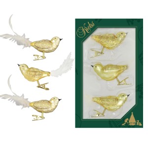 Krebs Glas Lauscha Weihnachtsornamente: 3 goldene Vogel Anhänger mit Federn, 7cm.