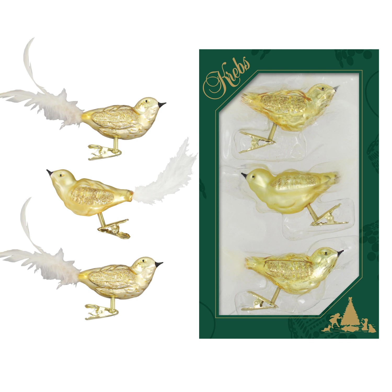 Krebs Glas Lauscha Weihnachtsornamente Vögel Gold 3-tlg. 7cm