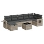 Hellgraue 8-tlg. vidaXL Garten-Sofagarnitur aus Poly Rattan mit Kissen und Tisch.