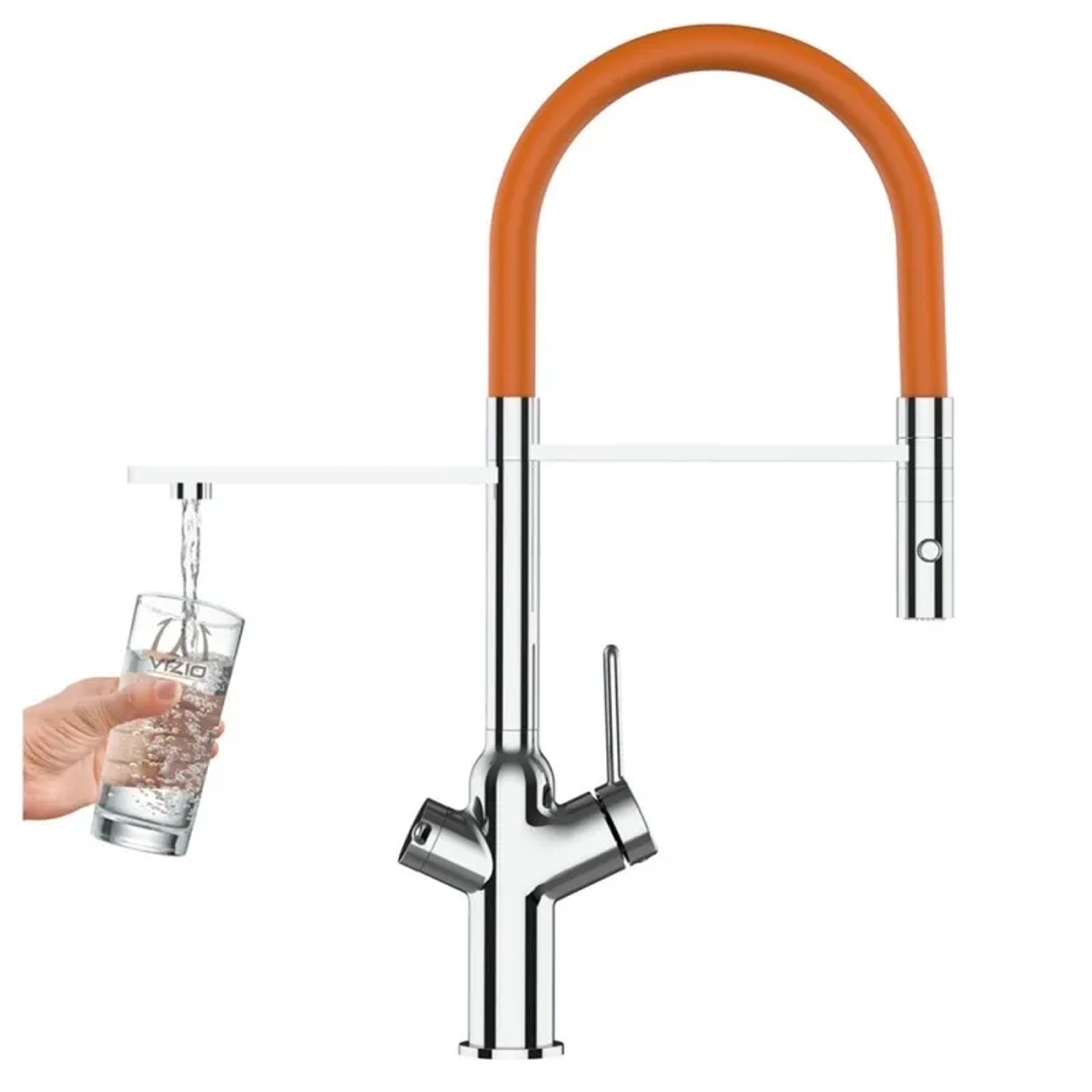 VIZIO 3-Wege Küchenarmatur, Chrom/Orange, mit Handbrause und schwenkbarem Auslauf.