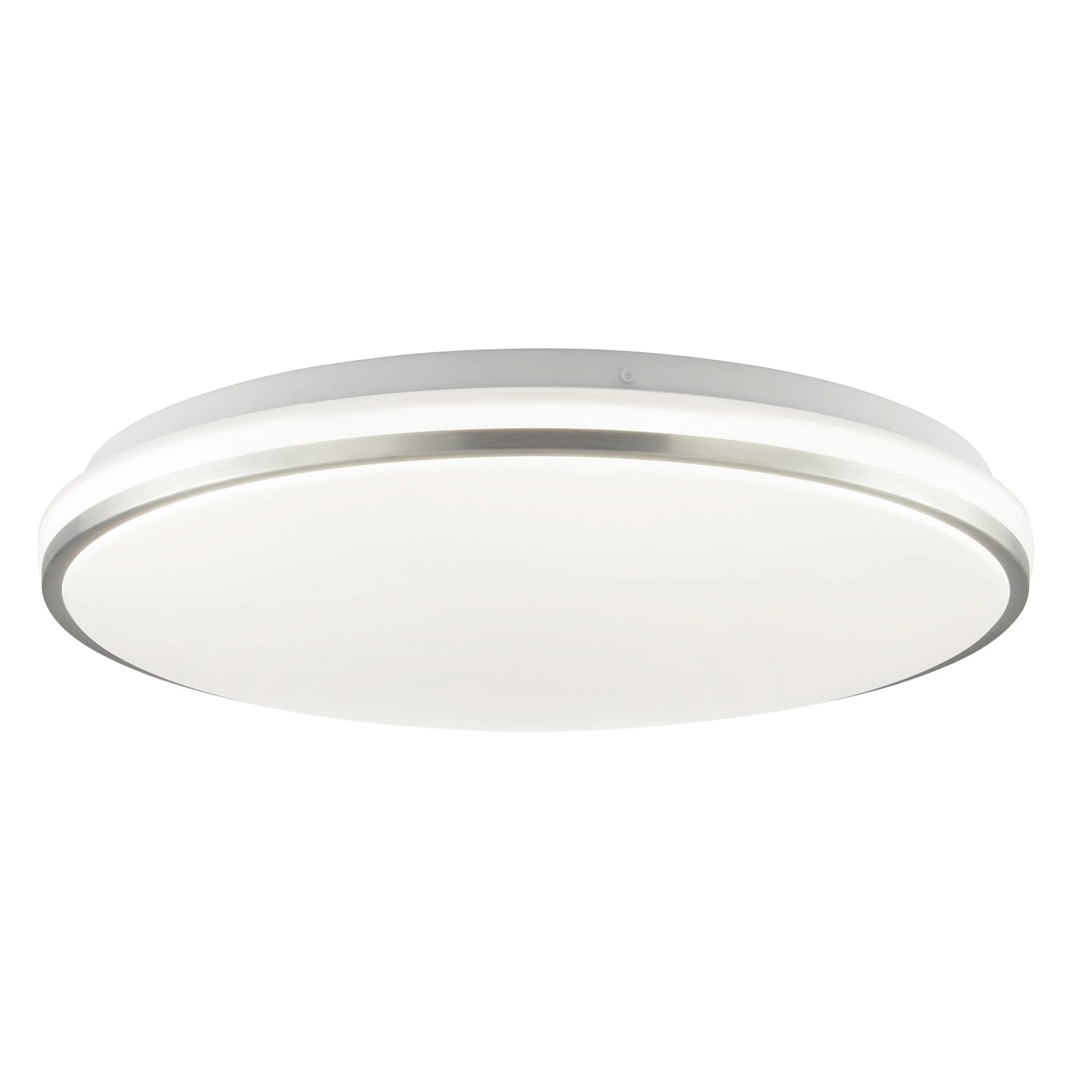 Weiße LED Deckenleuchte Avalis mit gebürstetem Aluminiumrahmen, Durchmesser 38 cm.